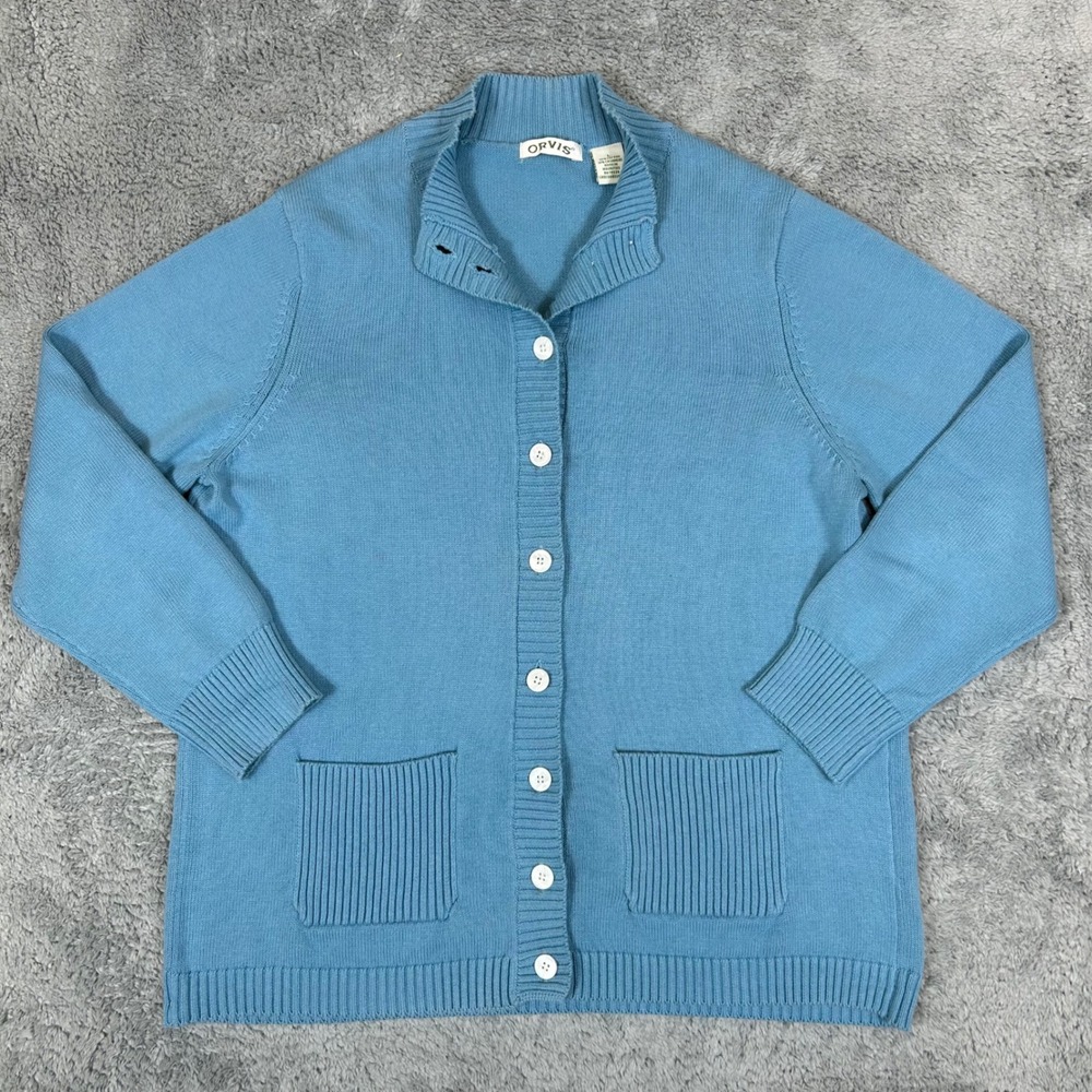 Orvis Womens Blue Cotton Cashmere Button Front Mock Neck Cardigan Sweater L